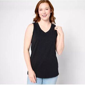 Denim & Co, Essentials Texture Knit V-Neck Tank - Black - XL